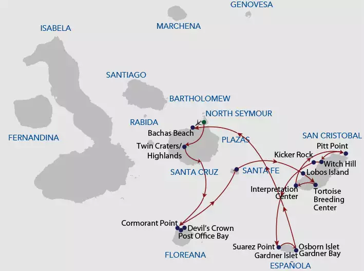 Route map of 7-day Southern Horizon Galapagos Cruise, round-trip from Baltra with visits to Santa Cruz, Floreana, Santa Fe, San Cristobal & Espanola islands.