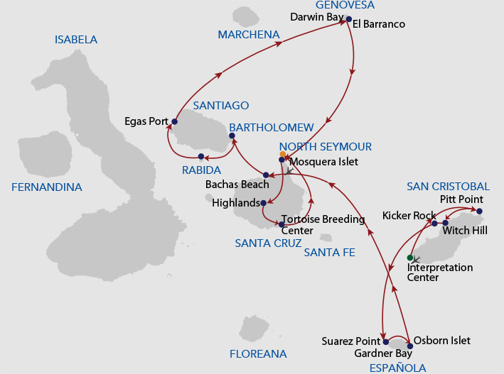 Galapagos cruise route map showing visits to Baltra, Santiago, Isabela, Fernandina, Santa Cruz, Santa Fe, Floreana and San Cristobal islands.