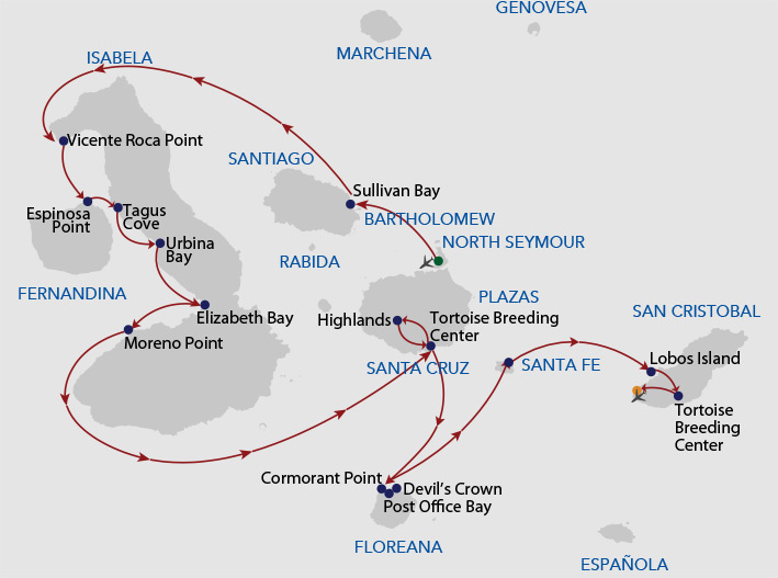Galapagos cruise route map showing visits to San Cristobal, Espanola, Bartolome, Rabida, Santiago, Genovesa, Mosquera, Santa Cruz, North Seymour and Baltra islands.