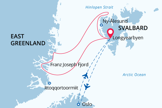 Route map of Icebergs, Fjords, Polar Bears & Arctic Wildlife cruise, embarking & disembarking in Longyearbyen, Svalbard, exploring northwestern Spitsbergen & east Greenland, & bookended by round-trip flights connecting Oslo, Norway.