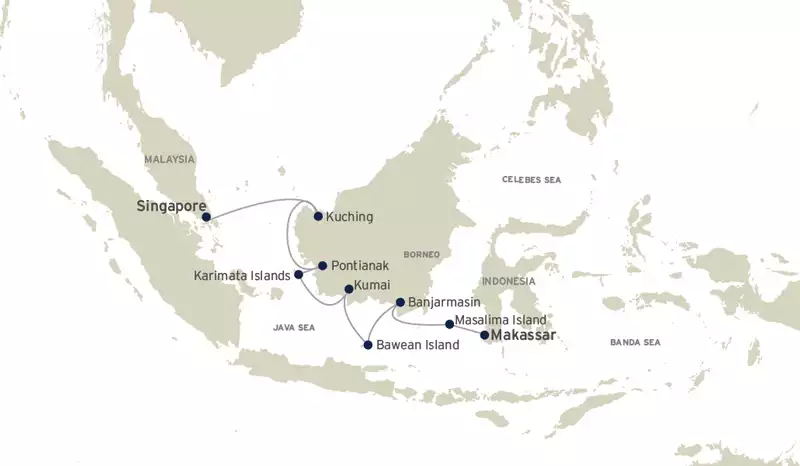 Route map of Into The Wilds of Borneo small ship cruise, operating from Singapore, westward along Borneo's southern shores, and on to Makssar, Indonesia.