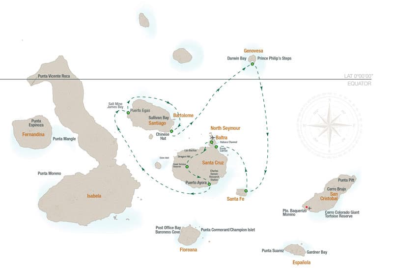 Route map for 5-Day Northern Isabela II Galapagos Cruise with visits to Baltra, Santa Cruz, Genovesa, Santiago and Santa Fe islands.
