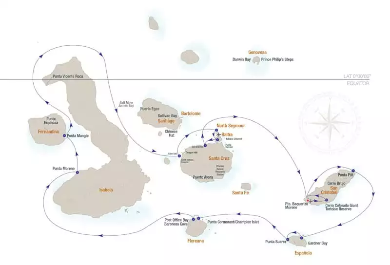 Route map for 7-Day Central Isabela II Galapagos Cruise with visits to Baltra, Santa Cruz, San Cristobal, Espanola, Floreana, Isabela, Fernandina and North Seymour islands.
