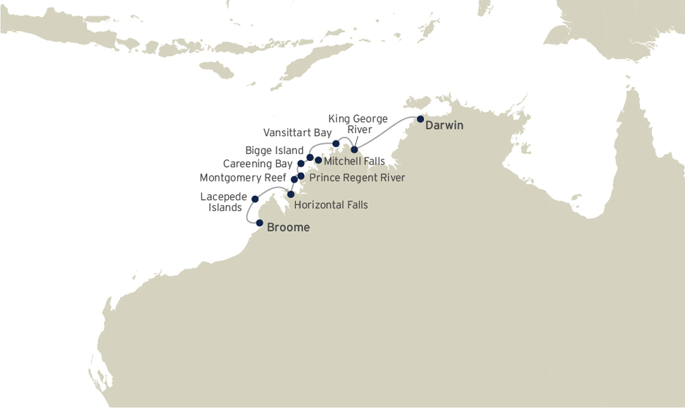 Route map of The Kimberley cruise, operating between Darwin and Broome, Australia, with visits to Lacepede Islands, Horizontal Falls, Doubtful Bay, Raft Point, Montgomery Reef, Prince Regent River, Careening Bay, Prince Frederick Harbor, Bigge Island, Mitchell Falls, Winyalkan, Swift Bay, Vansittart Bay & King George River & Falls.