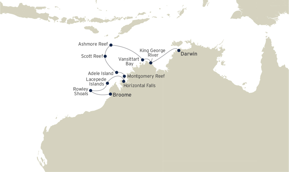 Route map of Kimberley Icons, Ashmore & The Rowley Shoals cruise, operating between Darwin and Broome, Australia, with visits to King George River, Scott Reef, Adele Island, Montgomery Reef, Doubtful Bay, Horizontal Falls & the Lacepede Islands.