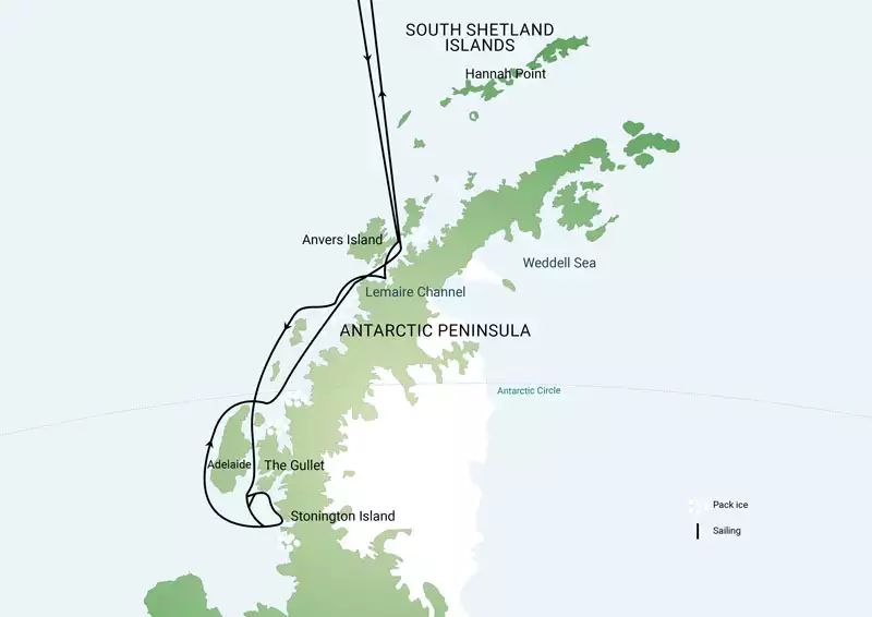 Route map of Marguerite Bay Polar Circle Cruise, operating round-trip from Ushuaia, Argentina, with visits to the Antarctic Peninsula as far south as near to the Antarctic Circle.