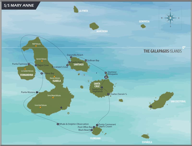 Mary Anne Galapagos Cruise Western Itinerary route map.