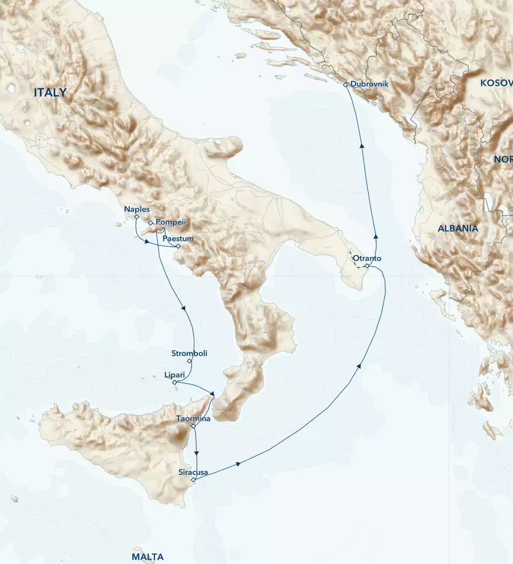 Route map of eastbound Mediterranean Gems cruise from Naples, Italy to Dubrovnik, Croatia, with visits to Otranto, Siracusa, Taormina, Lipari Paestum & Pompeii.