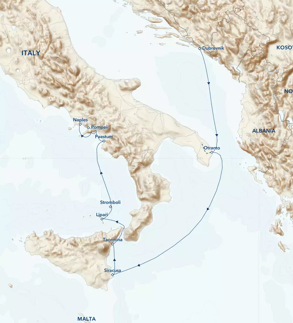 Route map of westbound Mediterranean Gems cruise Dubrovnik, Croatia to Naples, Italy, with visits to Otranto, Siracusa, Taormina, Lipari Paestum & Pompeii.