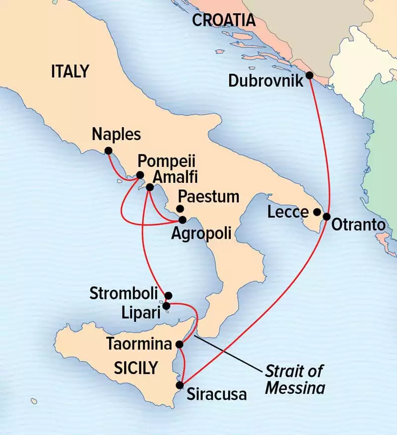 Route map of main & reverse Mediterranean Gems: Sailing From Dubrovnik to Naples small ship cruise, operating between Dubrovnik, Croatia and Naples, Italy, with visits to Otranto & Leece. Gerace, Siracusa, Taormina, Lipari & Stromboli, Amalfi & Ravello, Paestum & Pompeii.