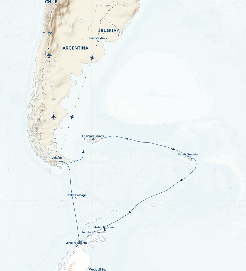 Route map of main (clockwise) National Geographic Antarctica, South Georgia & Falklands voyage, operating round-trip from Buenos Aires, Argentina or Santiago, Chile.