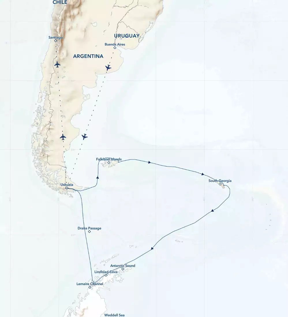Route map of main (clockwise) National Geographic Antarctica, South Georgia & Falklands voyage, operating round-trip from Buenos Aires, Argentina or Santiago, Chile.