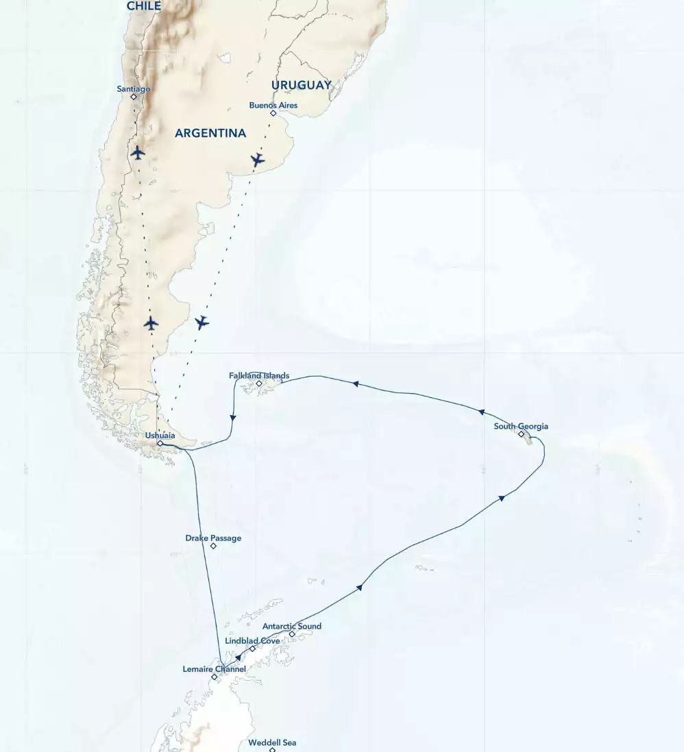 Route map of modified (counterclockwise) National Geographic Antarctica, South Georgia & Falklands voyage, operating round-trip from Buenos Aires, Argentina or Santiago, Chile.