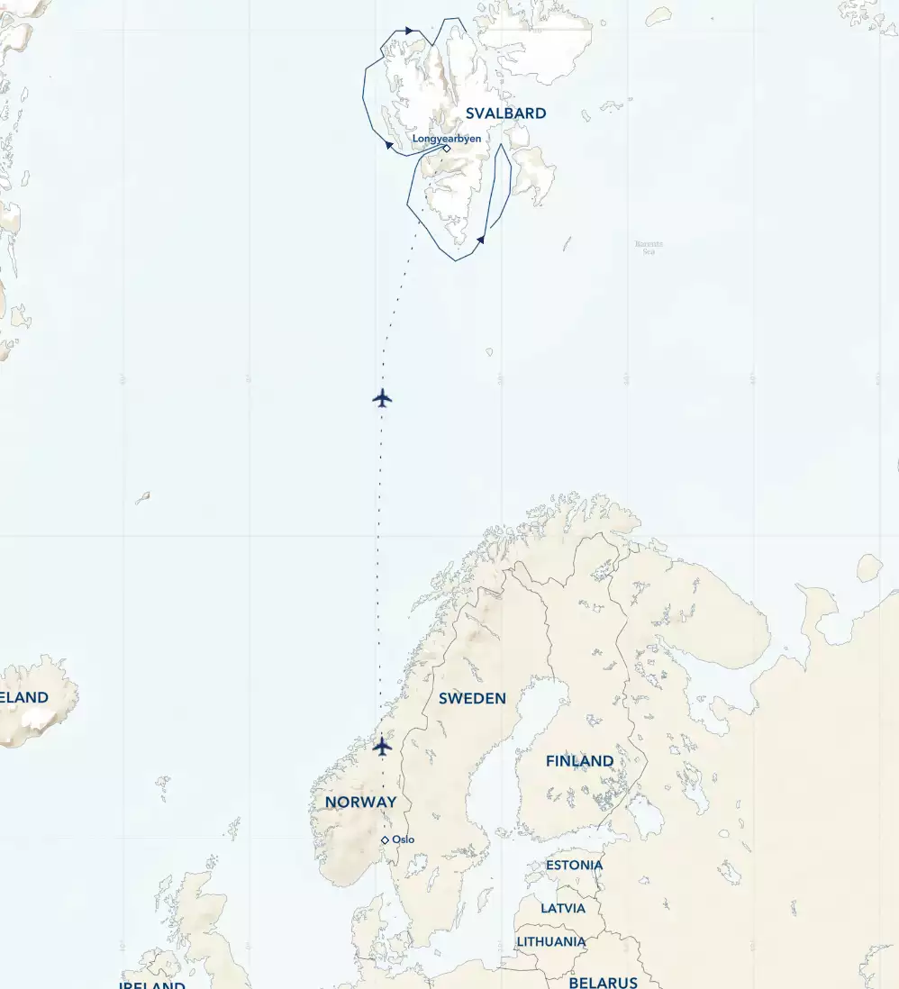 Route map of National Geographic Land of the Ice Bears voyage, operating round-trip from Oslo, Norway, via Longyearbyen, Svalbard, with visits to sites along Spitsbergen's northern, western and southern coasts.