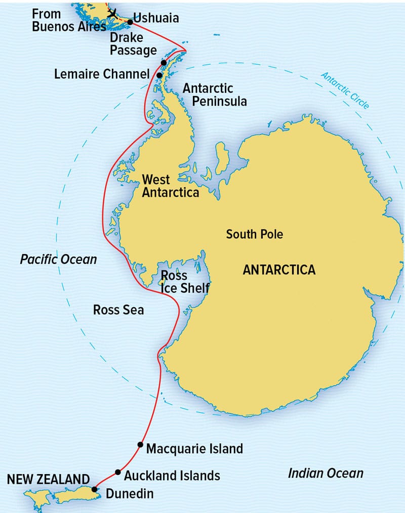 Route map of National Geographic Epic Antarctica small ship expedition main route, operating between Buenos Aires, Argentina, & Auckland, New Zealand, with stops along the Antarctic Peninsula, West Antarctica, the Ross Sea, Macquarie Island, Australia and New Zealand's Sub-Antarctic Islands.