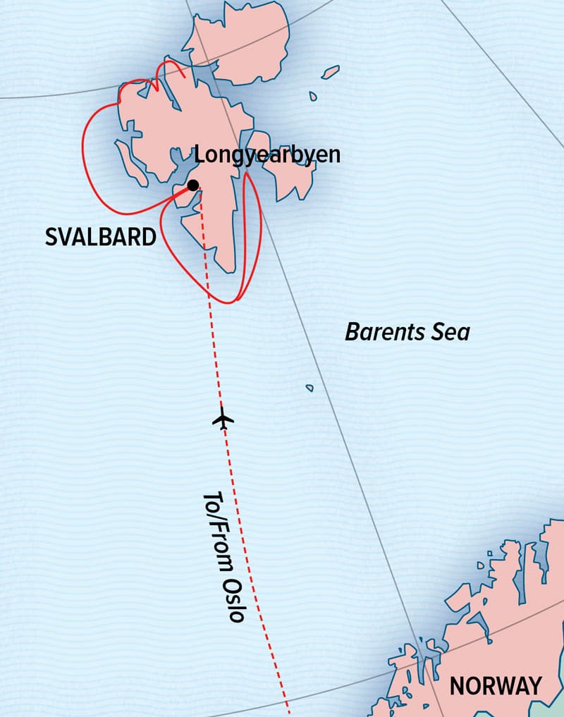 Route map of National Geographic Land of the Ice Bears voyage, operating round-trip from Oslo, Norway, via Longyearbyen, Svalbard, with visits to sites along Spitsbergen's northern, western and southern coasts.