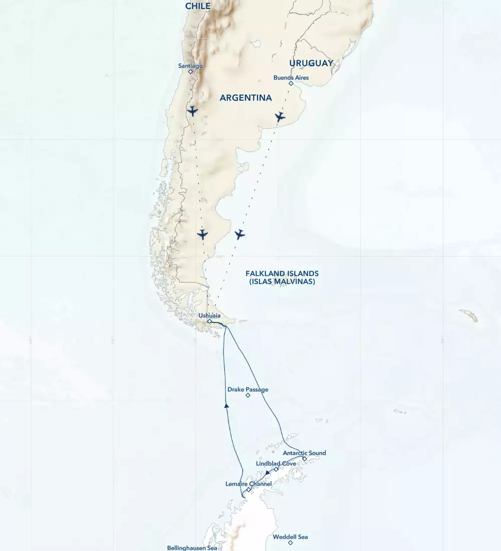 Route map of National Geographic The White Continent Antarctica small ship cruise, operating roundtrip from Ushuaia, Argentina, with stops along the Antarctic Peninsula.