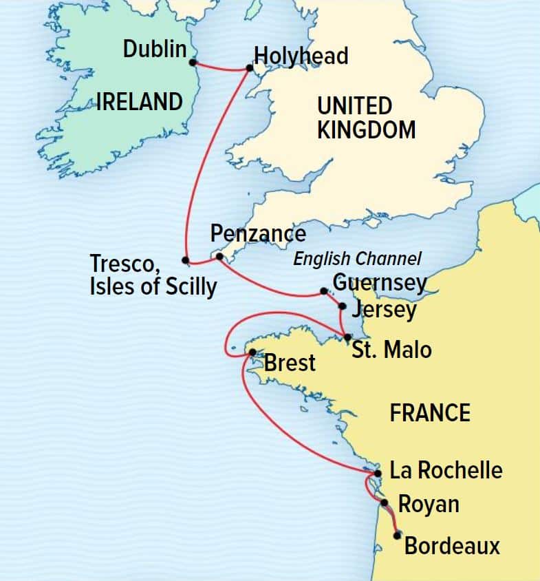 Route map of Navigating The Atlantic Coast: Brittany, Wales & England's Channel Islands cruise, from Bordeaux, France, to Dublin, Ireland, plus visits to The United Kingdom.