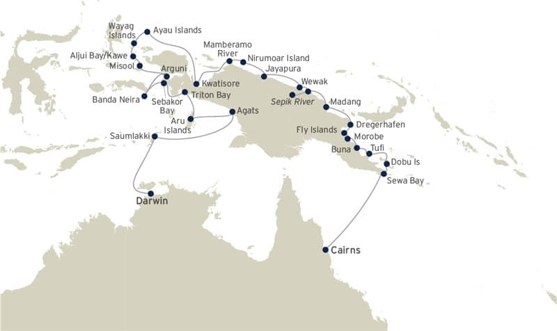 Route map of New Guinea Circumnavigation small ship cruise, operating round-trip from Cairns to Darwin, Australia, with visits along the New Guinea coastline, including Indonesia's Raja Ampat & Spice Islands.