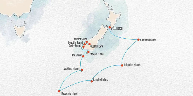 Route map of Subantarctic & Chatham Islands Expedition cruise from Queenstown to Wellington, New Zealand, with possible visits to the Islands of Chatham, Macquarie, Antipodes, Campbell, Auckland, Snares, Stewart & Ulva, plus Fiordland National Park.