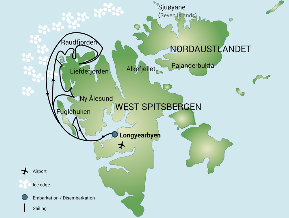 Route map of North Spitsbergen Basecampe cruise, round-trip from Longyearbyen, Svalbard with visits along the northwest coast.