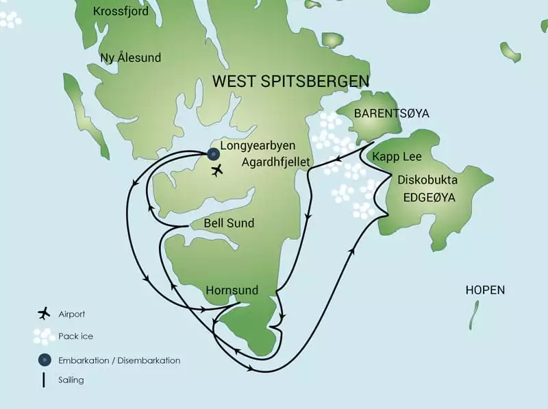 Route map of East Spitsbergen - Summer Solstice voyage round-trip from Longyearbyen, Norway, along Spitsbergen's southern end & east coast to Edgeøya Island & pack ice.
