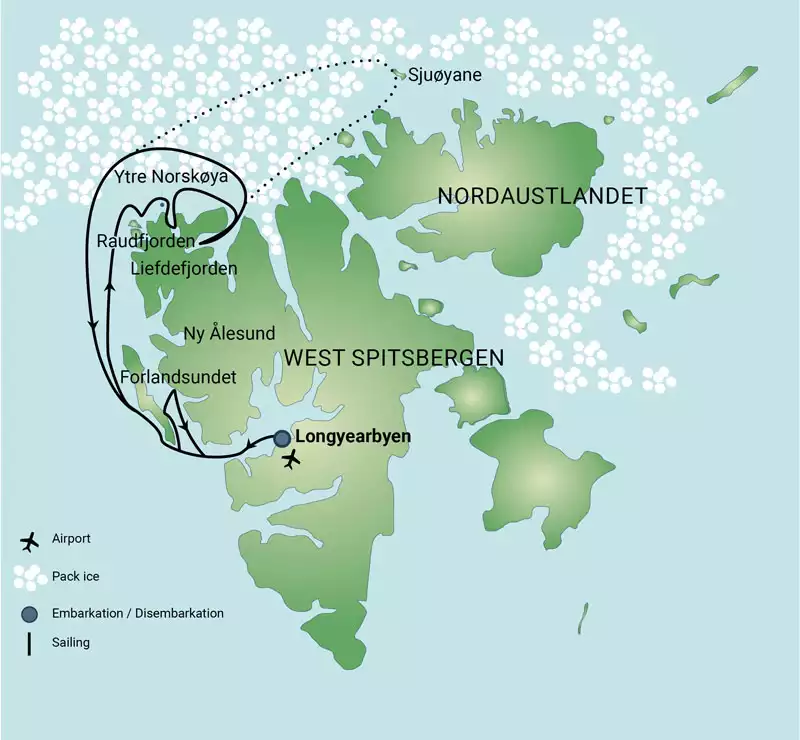Route map of North Spitsbergen Explorer - Into the Pack Ice Arctic cruise around northwest Svalbard.