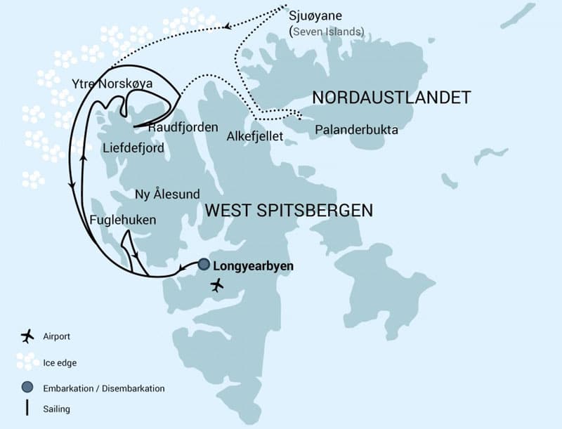 North Spitsberfgen Arctic itinerary route map.