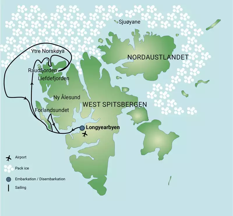 Route map of North Spitsbergen: Polar Bears, Bowhead Whales & More Arctic cruise around northwest Svalbard.
