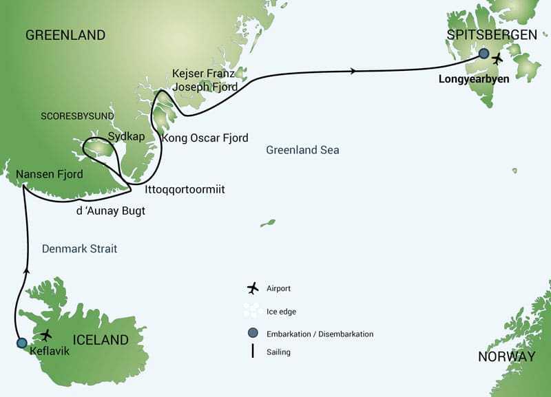 Route map of Nansen Fjord, Scoresby Sund - Northeast Greenland Arctic voyage between Keflavik, Iceland & Spitsbergen.