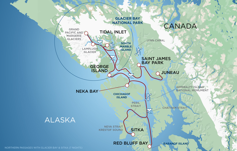 A red line on a green and blue map of Southeast Alaska showing the route of the Northern Passages and Glacier Bay cruise between Sitka and Juneau