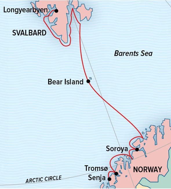 Route map of Norwegian Discovery: Svalbard & The Northern Fjords cruise, operating round-trip from Oslo, Norway.