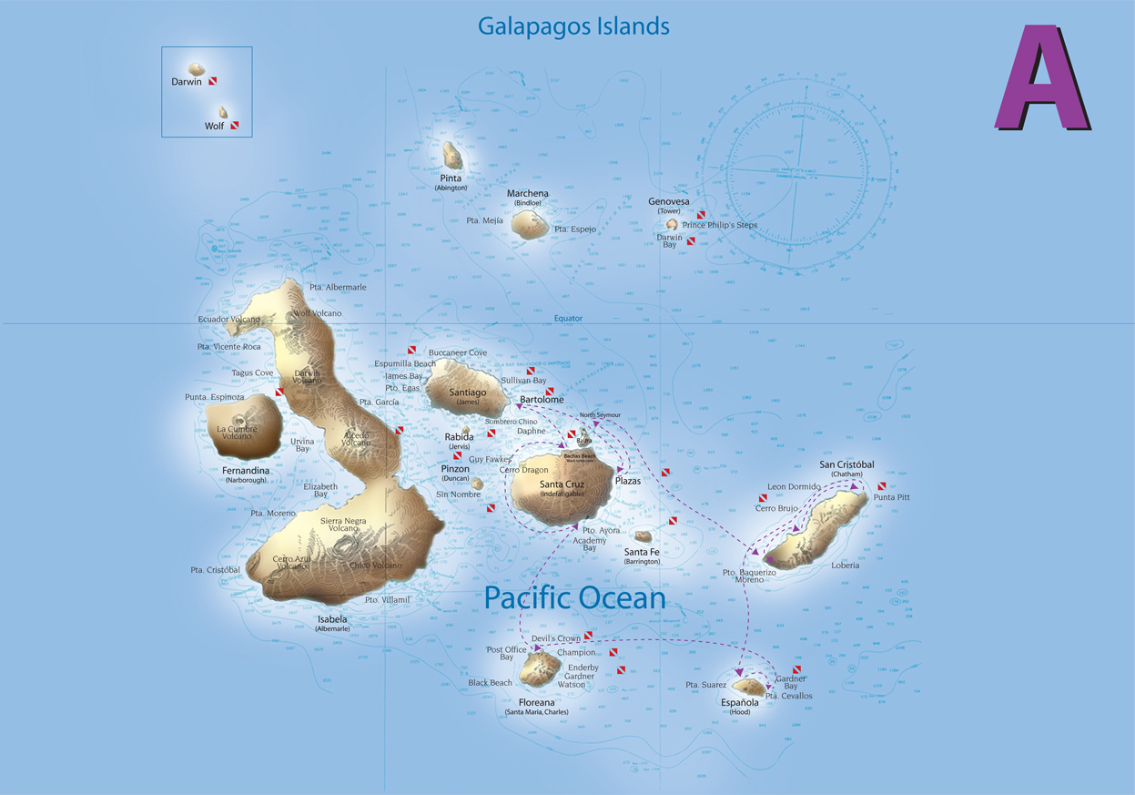 Route map of Origin, Theory, Evolve & Letty Galapagos Cruises 8-day East itinerary, operating roundtrip from San Cristobal Island with visits to Espanola, Floreana, Santa Cruz, Bartolome, South Plaza & North Seymour islands.