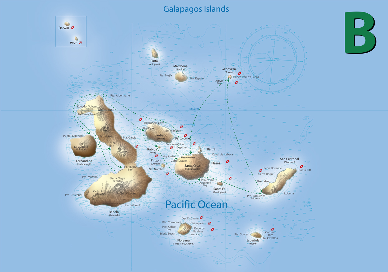 Route map of Origin, Theory, Evolve & Letty Galapagos Cruises 8-day West itinerary, operating roundtrip from San Cristobal Island with visits to San Cristobal, Genovesa, Isabela, Fernandina, Santiago and Santa Cruz islands.