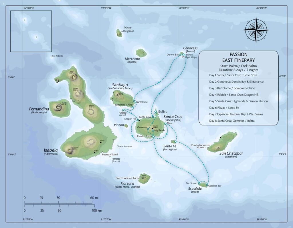 Galapagos cruise route map showing visits to Genovesa, Espanola, Santa Cruz and Santa Fe Islands.