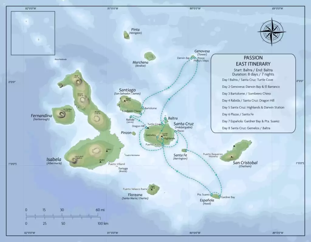 Galapagos cruise route map showing visits to Genovesa, Espanola, Santa Cruz and Santa Fe Islands.