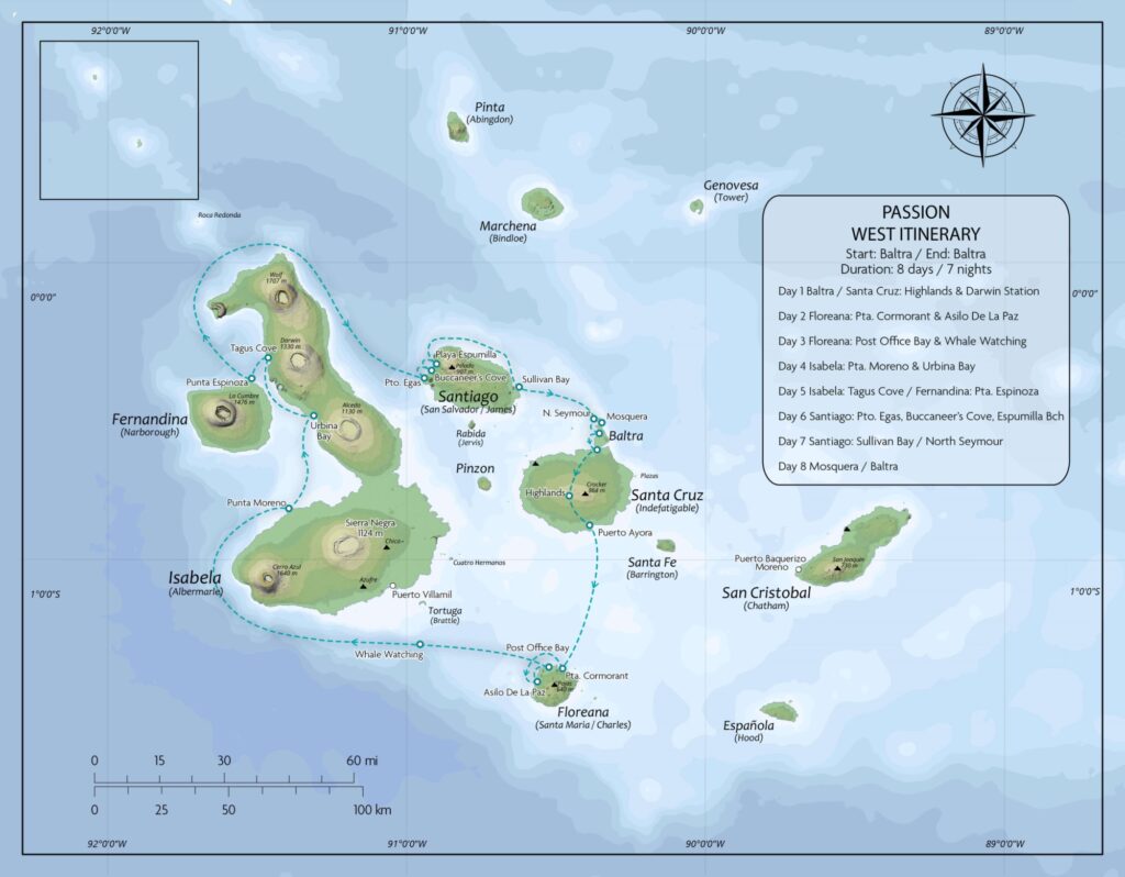 Route map of Passion Western itinerary small ship cruise, operating round-trip from Baltra with visits to the islands of Santa Cruz, Floreana, Isabela, Fernandina, Santiago, North Seymour & Mosquera.