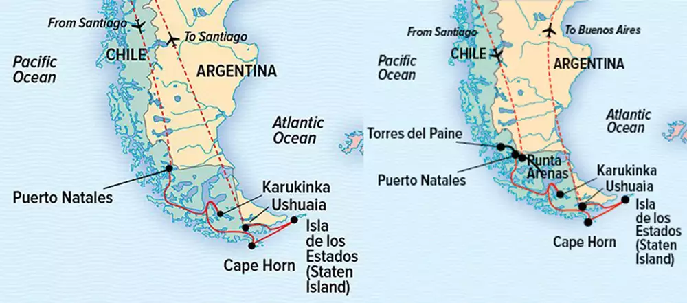 A map of the tip of South America shows the cruise route in a red line of the Chilean Fjords and Staten Island cruise.
