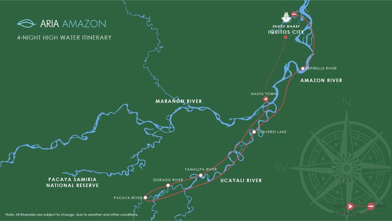 Route map of 5-day High-Water Aria Amazon River Cruise operating roundtrip from Iquitos, Peru, and traveling the Amazon and Ucayali Rivers, with stops at Nauta, Yanallpa River, El Dorado River, Pacaya River and Yarapa or Clavero River.