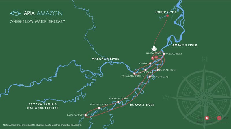 Route map of 8-day Low-Water Aria Amazon River Cruise from Iquitos, Peru, embarking in Nauta and traveling the Maranon and Ucayali Rivers, with stops at Yanayacu Pucate, the Samiria River, Nauta Caño Amazonian Natural Park, Pacaya River, Yarapa or Clavero River & San Jose Flooded Forest.