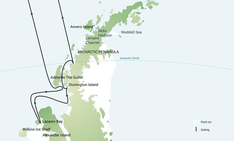 Route map of Beyond the Polar Circle & Wilkins Ice Shelf voyage, operating round-trip from Ushuaia, Argentina, with visits to sites south of the Polar Circle.