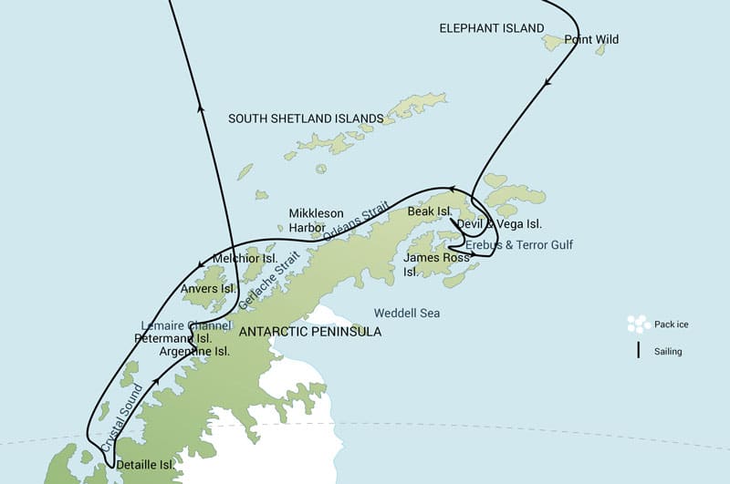 Route map of Elephant Island & Weddell Sea Polar Circle Cruise, operating round-trip from Ushuaia, Argentina, with visits to the Antarctic Peninsula as far south as near to the Antarctic Circle.