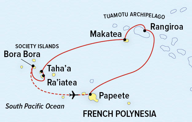 Route map of Polynesian Discovery cruise operating round-trip from Papeete via charter flight to or from Bora Bora to start or end, with visits to Makatea & Rangiroa.