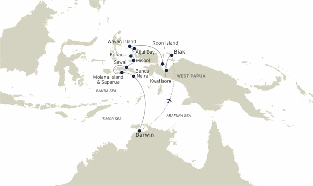 Route map of reverse Spice Islands & Raja Ampat small ship cruise, operating between Biak, West Papua, Indonesia & Darwin, Australia, with visits to Banda Neira, Spice Islands, Molana & Saparua Islands,Seram Island, Misool, Kofiau Island, Wayag Island, Cenderawasih Bay & Kwatisore Village.