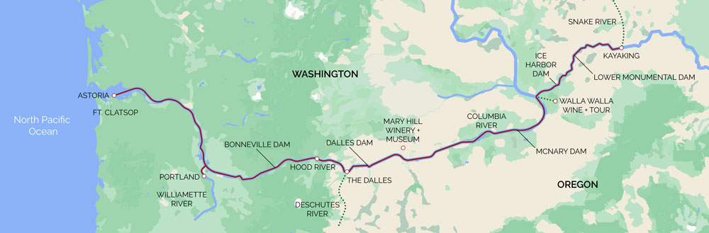 Route map of Rivers of Adventure & Wine Cruise round-trip from Portland, Oregon, into Washington, with visits to Astoria, Hood River Valley, Fort Clatsop, Walla Walla, Palouse River, Snake River, Deschutes River & Rowena Plateau.