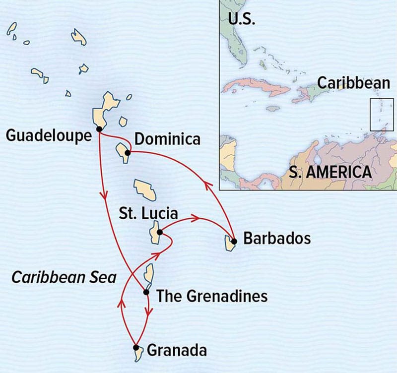 Route map of 8-day Sailing The Caribbean Aboard Sea Cloud cruise, operating round-trip from Barbados.