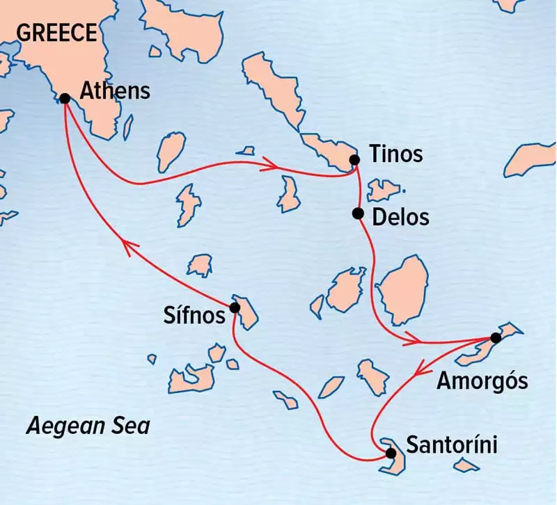 Sailing Greek Isles route map to and from Athens, Greece.