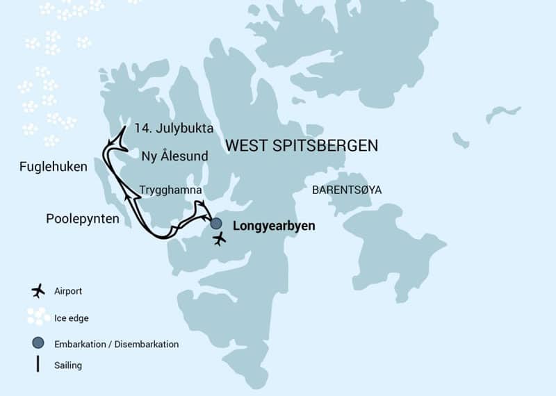 Route map of Sailing Spitsbergen Arctic small ship voyage, operating roundtrip from Longyearbyen, Norway with stops along Spitsbergen's western shores including Trygghamna, Alkhornet, Kongsfjorden, Krossfjorden, Prins Karls Forland, Poolepynten, Isfjorden, Ymerbukta, Ekmanfjorden & Gipsvika.