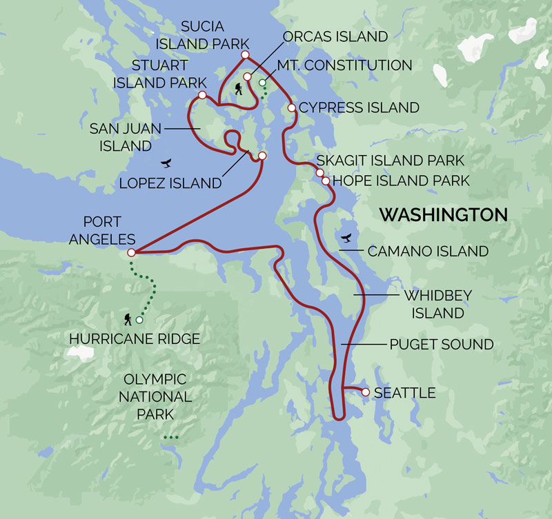 San Juan Islands & Olympic Wilderness cruise route map operating round-trip from Seattle with visits to Hurricane Ridge, Puget Sound, Mt. Constitution and the islands of Lopez, Stuart, Sucia & Orcas.