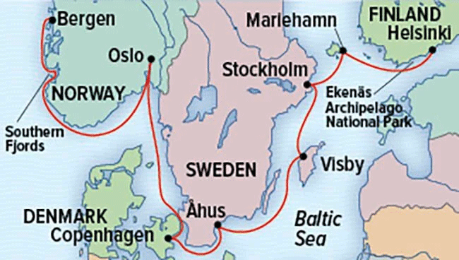 Scandinavian Discovery cruise route map, operating from Helsinki, Finland, to Bergen, Norway, with visits to Sweden & Copenhagen.